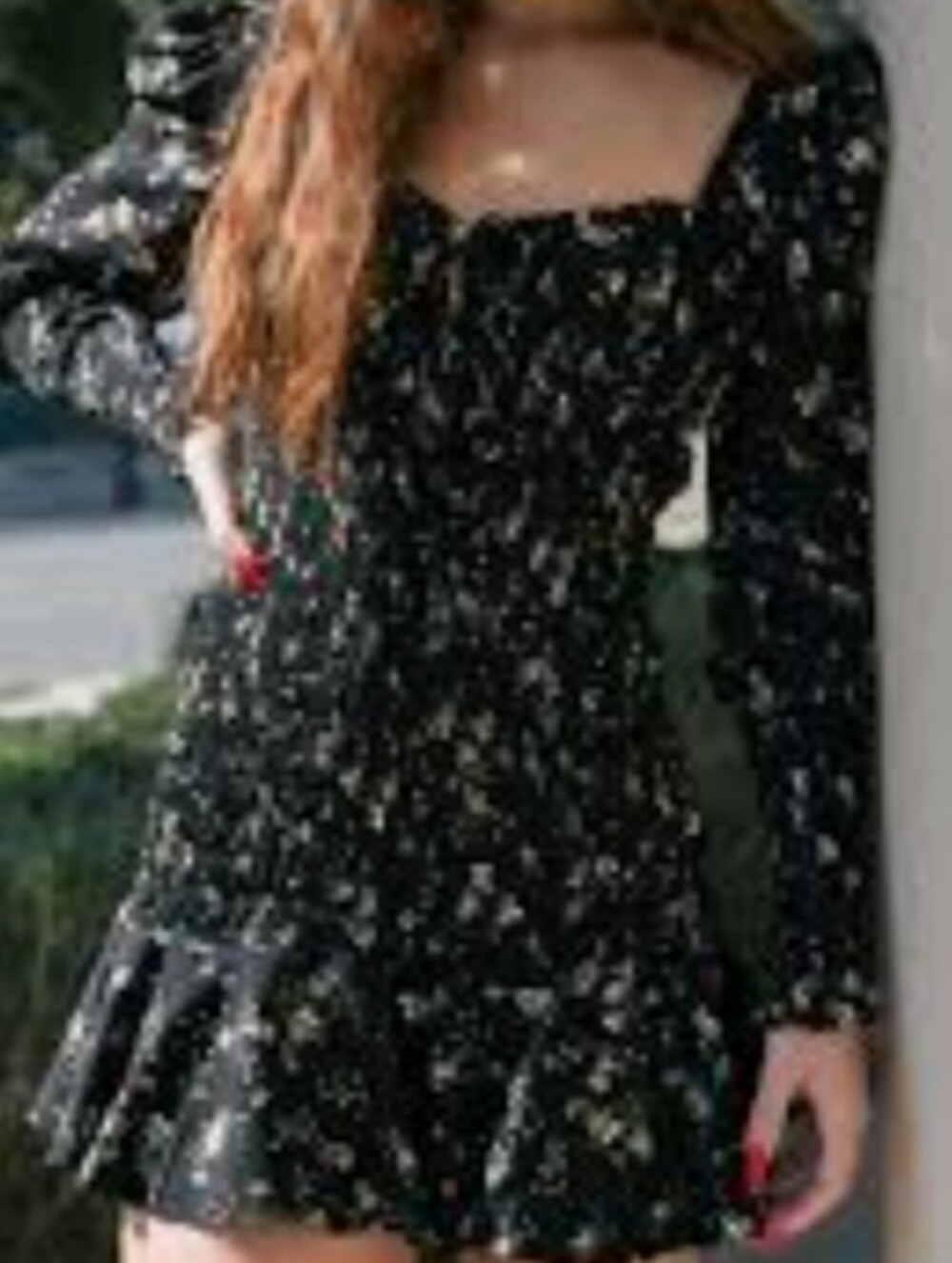 Black Floral Square-Neck Mini Dress with Long Sleeves